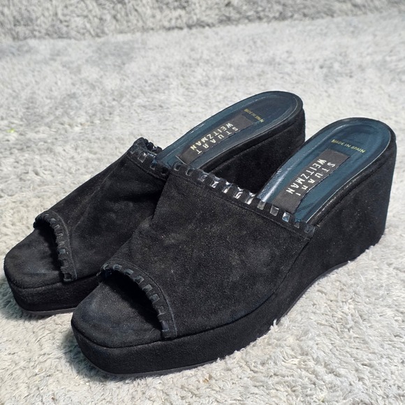 Stuart Weitzman Shoes - VTG Stuart Weitzman Wedge Sandals Black Suede Whipstitch Platform Women 7 M